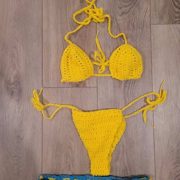 Three Piece Yellow Blue Crochet Bikini Skirt Set - Picture 4 of 4
